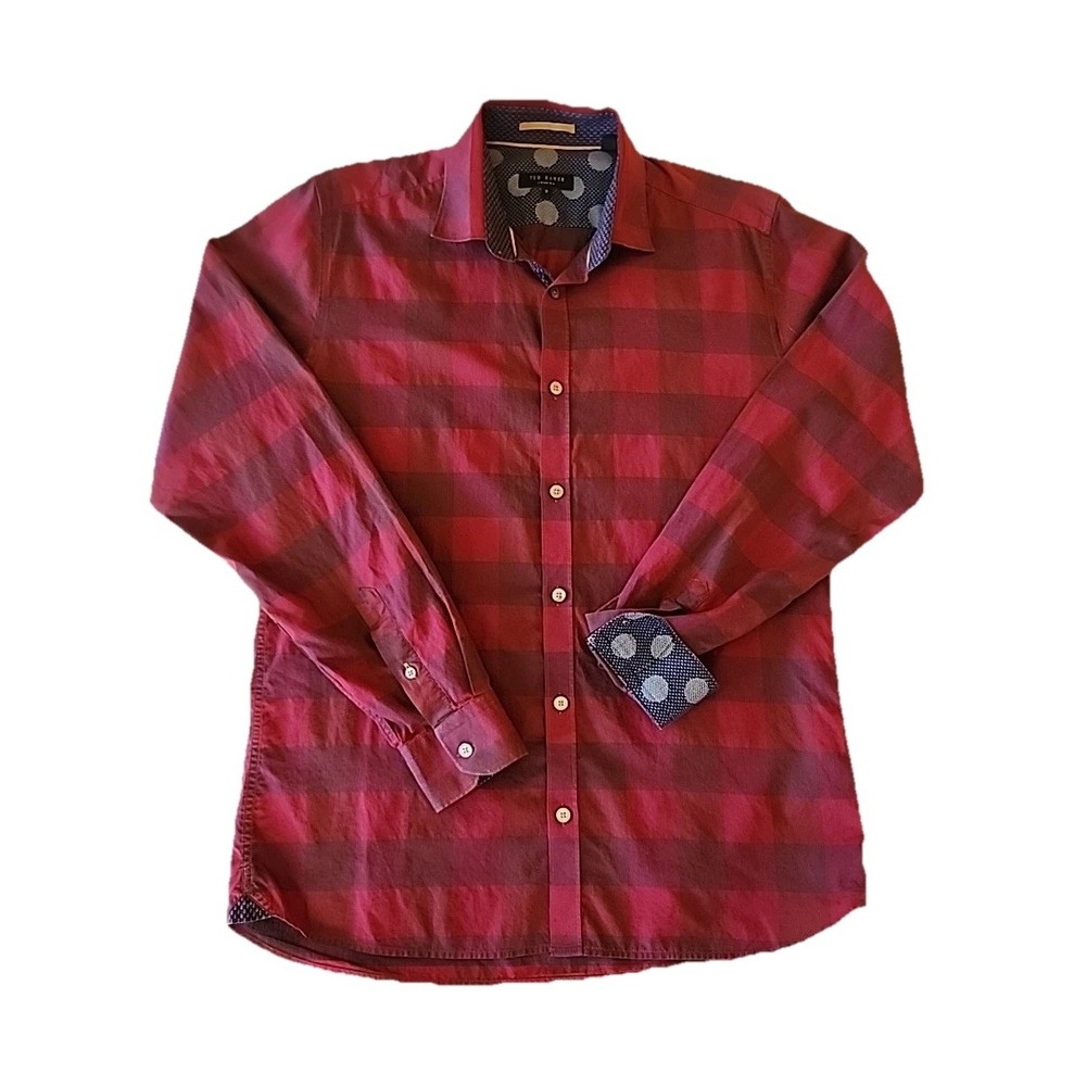 Ted Baker Mens  Button Down Shirt Size M Red Plaid‎ Blue Geo Flip Cuff Cotton